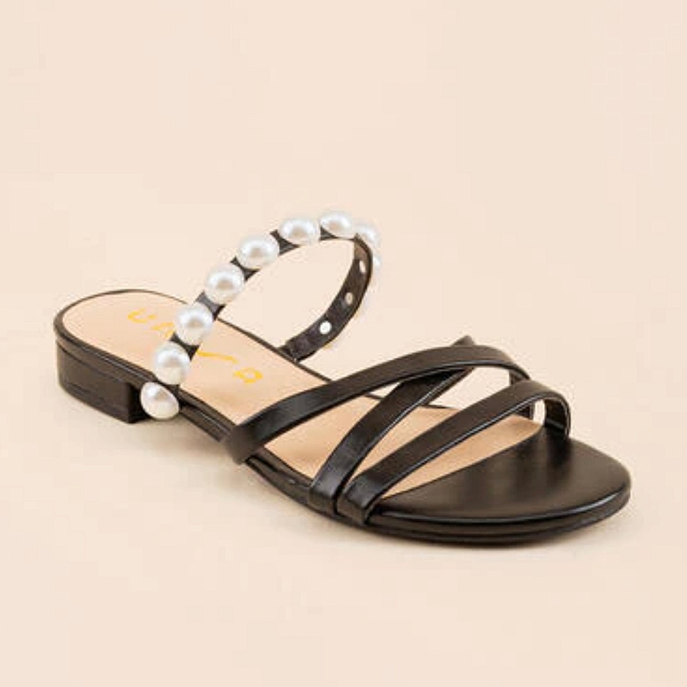 Women Black Pearl Embellished Strappy Sandals Size 10